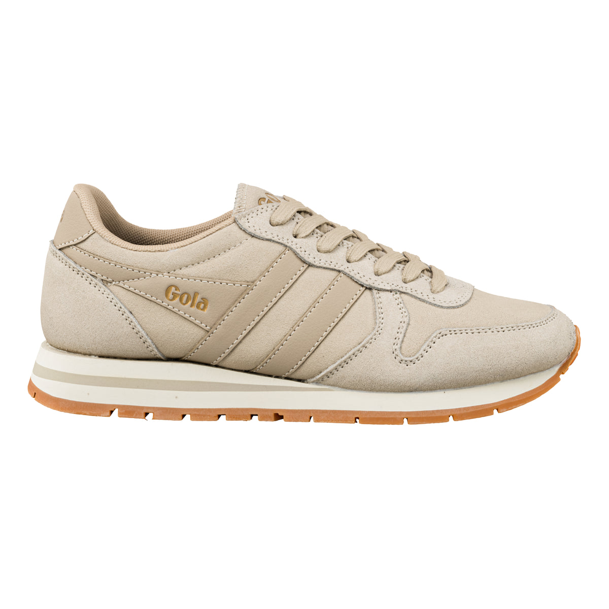 Gola Classics beige suede trainer with lace up fastening and gum rubber sole