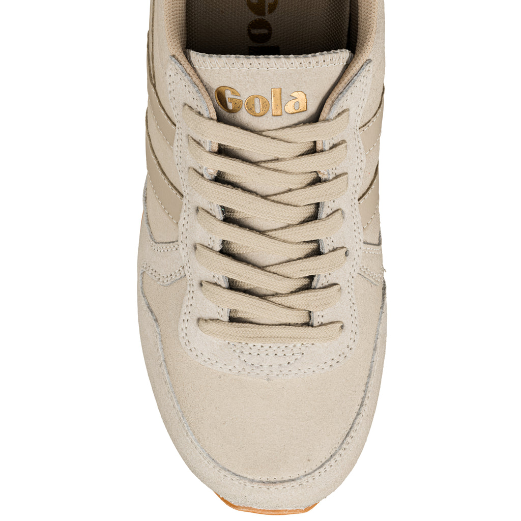 Top view of a beige suede Gola trainer with matching laces