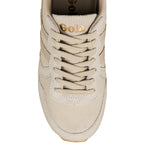Top view of a beige suede Gola trainer with matching laces