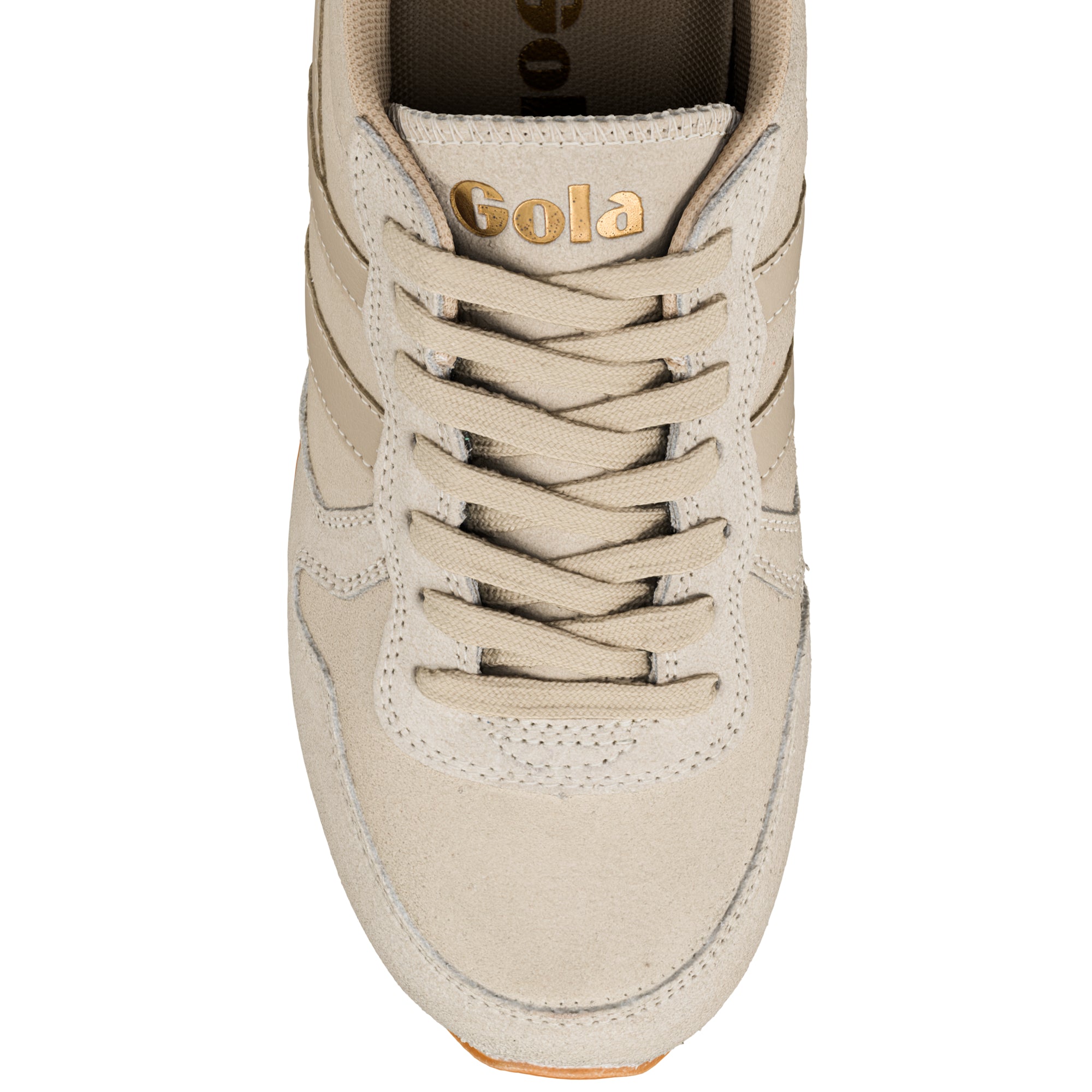 Top view of a beige suede Gola trainer with matching laces