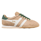 Beige suede Gola trainer with white side stripes and green laces