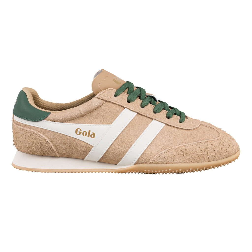 Gola Classics beige suede trainer with white side stripes and green laces