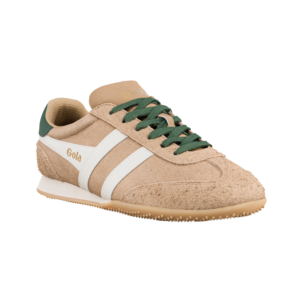 Tan suede Gola trainer with white side stripes and green laces