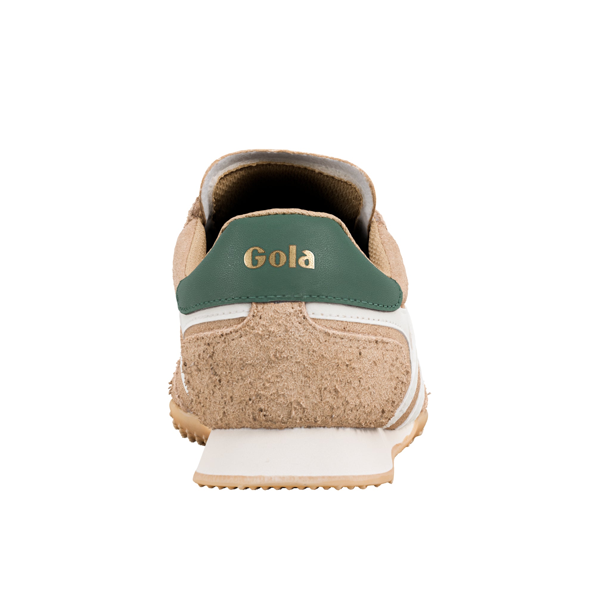 Rear view of a beige suede Gola trainer with a green heel tab and white sole