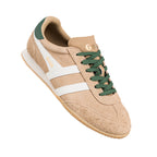 Beige suede Gola trainer with white side stripes and green laces