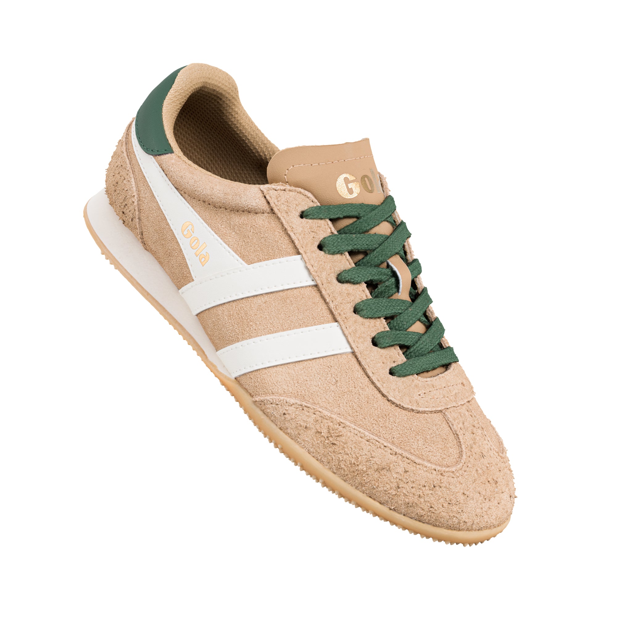 Beige suede Gola trainer with white side stripes and green laces