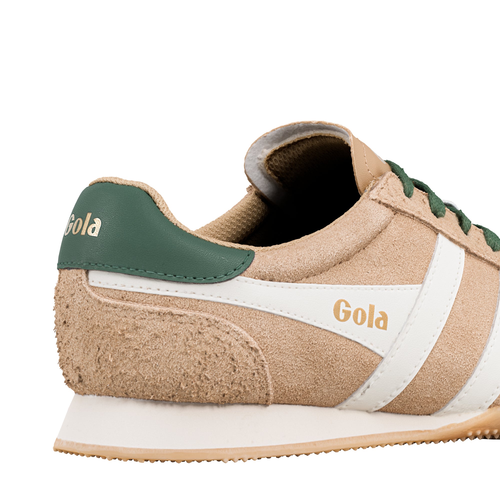 Close up of beige suede Gola trainer with green heel tab and white side stripe