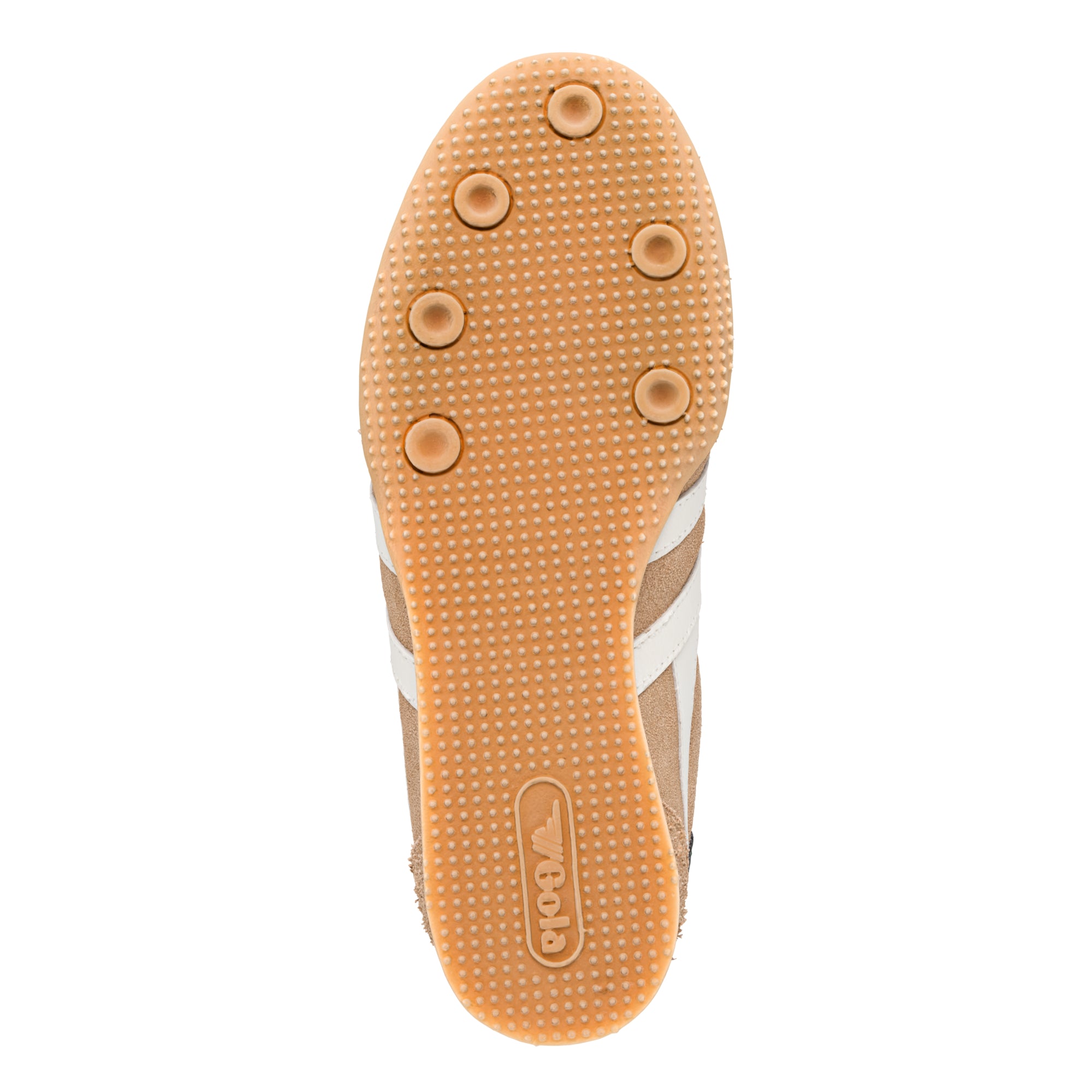 Tan rubber trainer sole with circular grip pattern and Gola branding