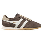 Brown suede Gola trainer with white side stripes and gum sole