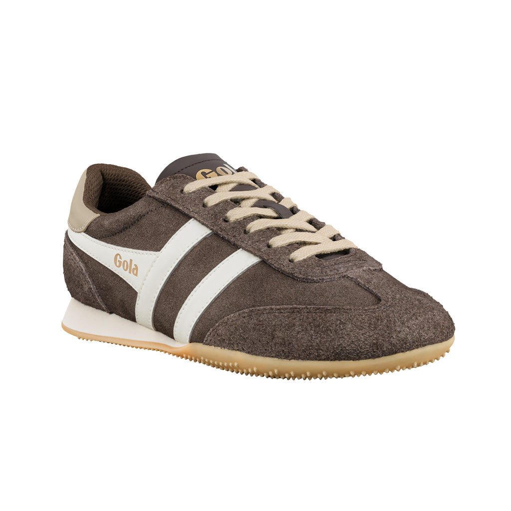 Brown suede Gola trainer with white side stripes and cream laces