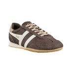 Brown suede Gola trainer with white side stripes and cream laces
