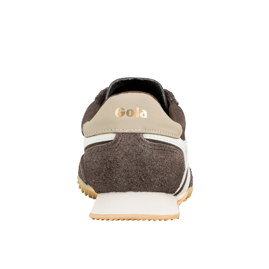 Rear view of a brown suede Gola trainer with a beige heel tab and white sole