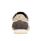 Rear view of a brown suede Gola trainer with a beige heel tab and white sole