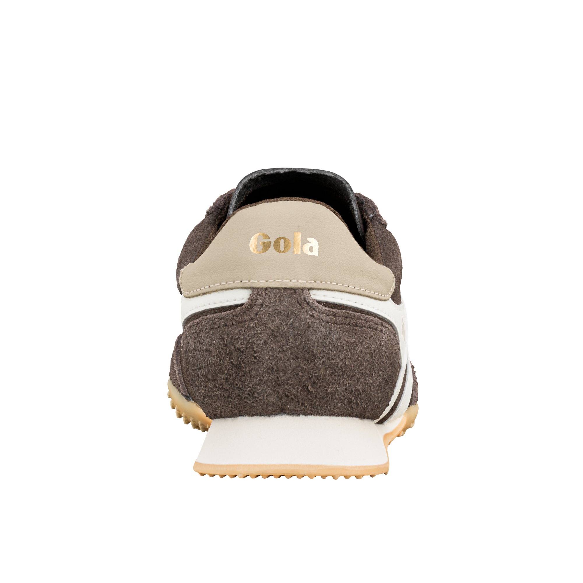 Rear view of a brown suede Gola trainer with a beige heel tab and white sole