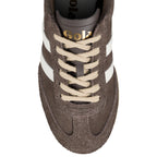 Brown suede Gola trainer with white side stripes and cream laces