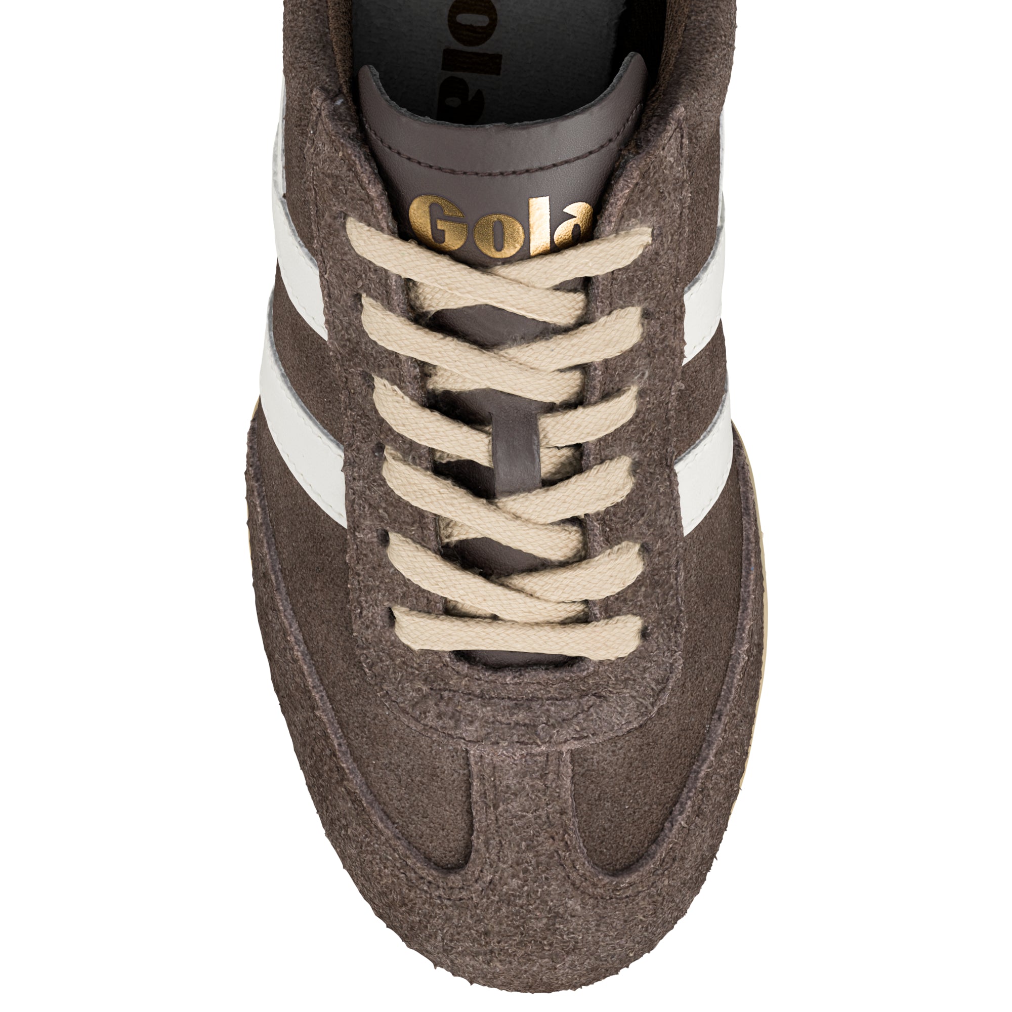 Brown suede Gola trainer with white side stripes and cream laces