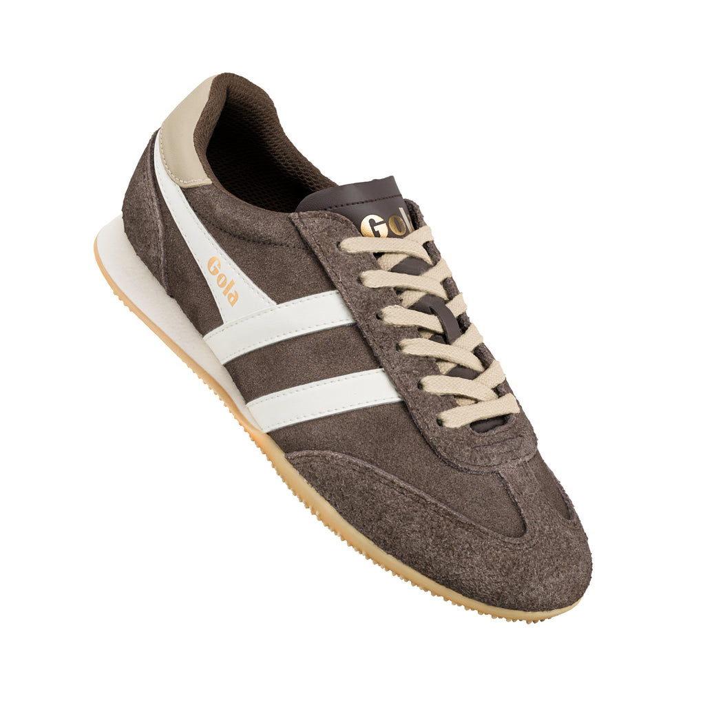 Brown suede Gola trainer with white side stripes and cream laces