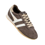 Brown suede Gola trainer with white side stripes and cream laces
