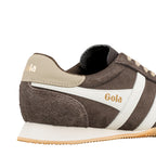 Rear view of a brown suede Gola trainer with white side stripes and a gum sole