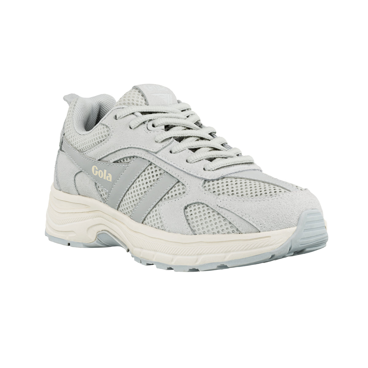 Light grey Gola trainer with mesh panels and a chunky off-white sole