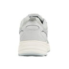Rear view of a grey mesh trainer with a cream sole