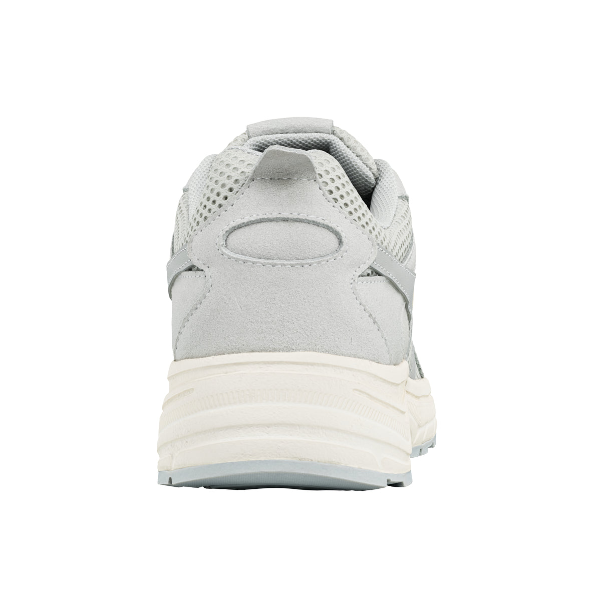 Rear view of a grey mesh trainer with a cream sole