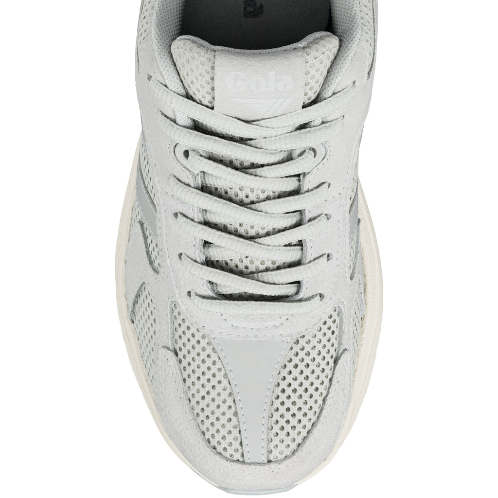 Top view of a grey Gola trainer with mesh panels and lace up fastening