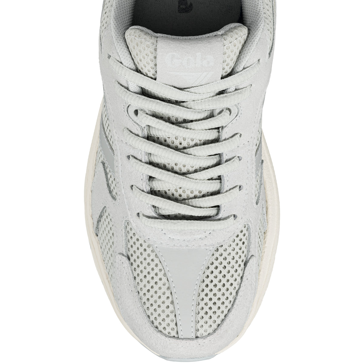 Top view of a grey Gola trainer with mesh panels and lace up fastening