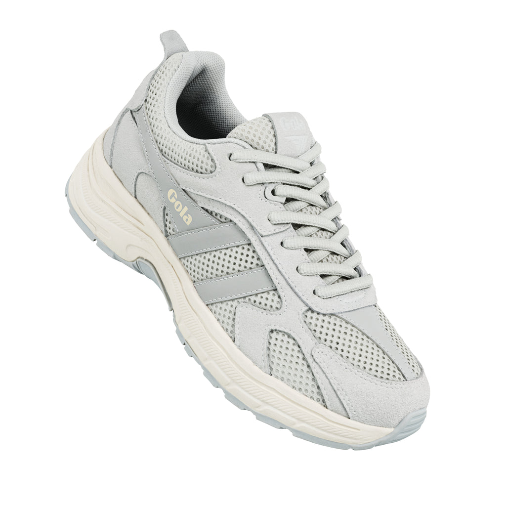 Light grey Gola lace up trainer with mesh and suede panels on a chunky cream sole