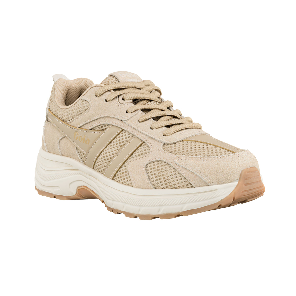 Beige Gola trainer with mesh and suede panels and a chunky rubber sole