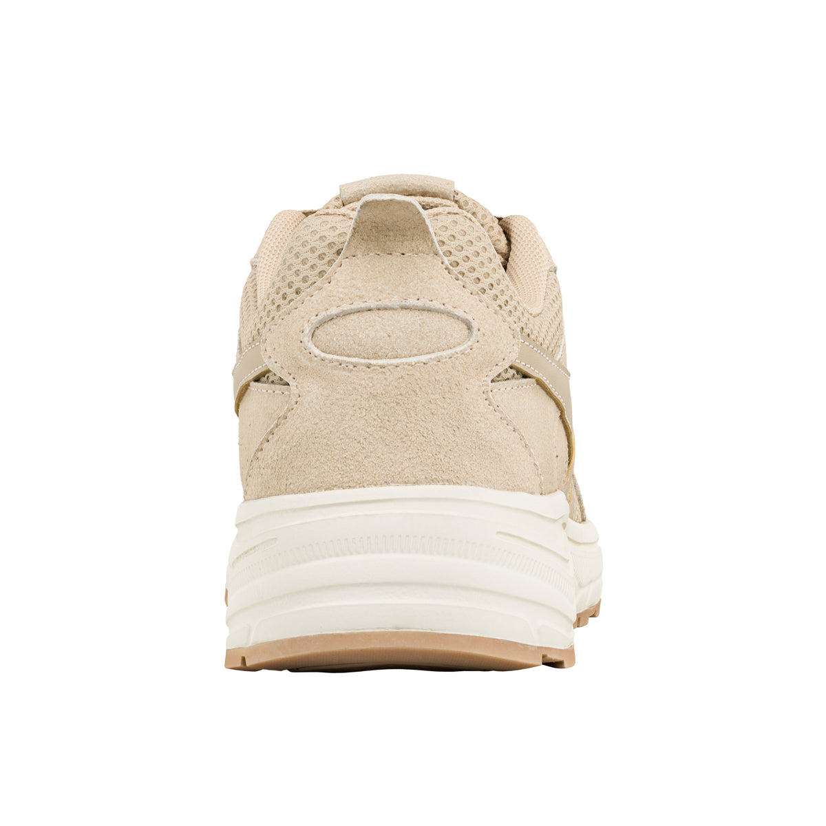 Rear view of a beige suede and mesh trainer with a white rubber sole