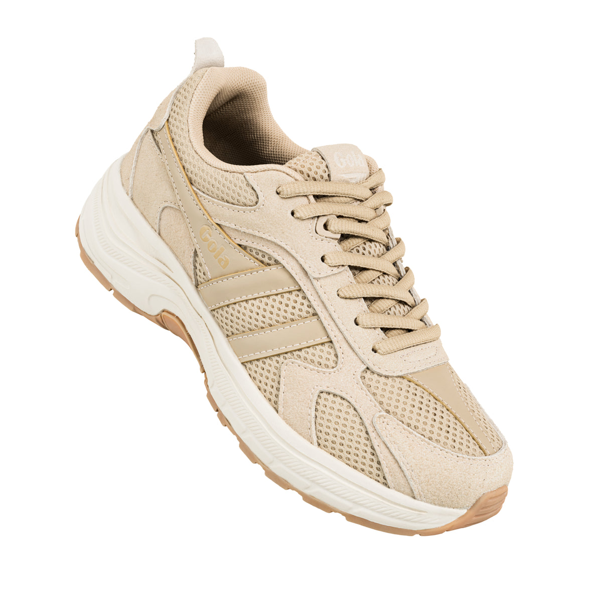 Beige Gola trainer with mesh and suede panels and a chunky white sole