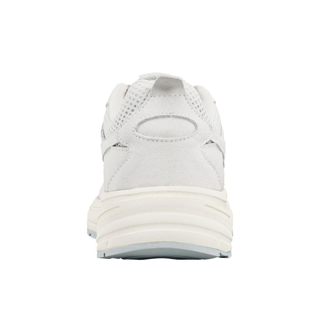 Rear view of a white trainer with a thick rubber sole