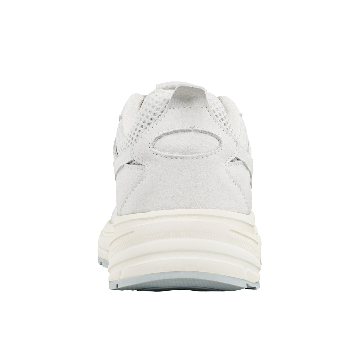 Rear view of a white trainer with a thick rubber sole