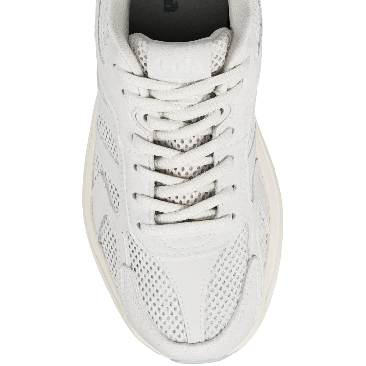 Top view of a white Gola lace up trainer with mesh and suede panels