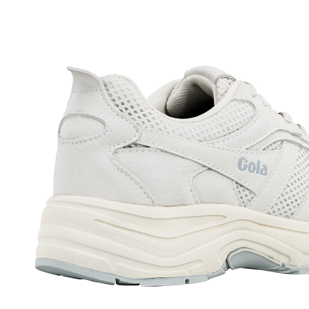 Close up of the heel and side panel of a white Gola trainer with mesh and suede detailing