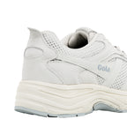 Close up of the heel and side panel of a white Gola trainer with mesh and suede detailing