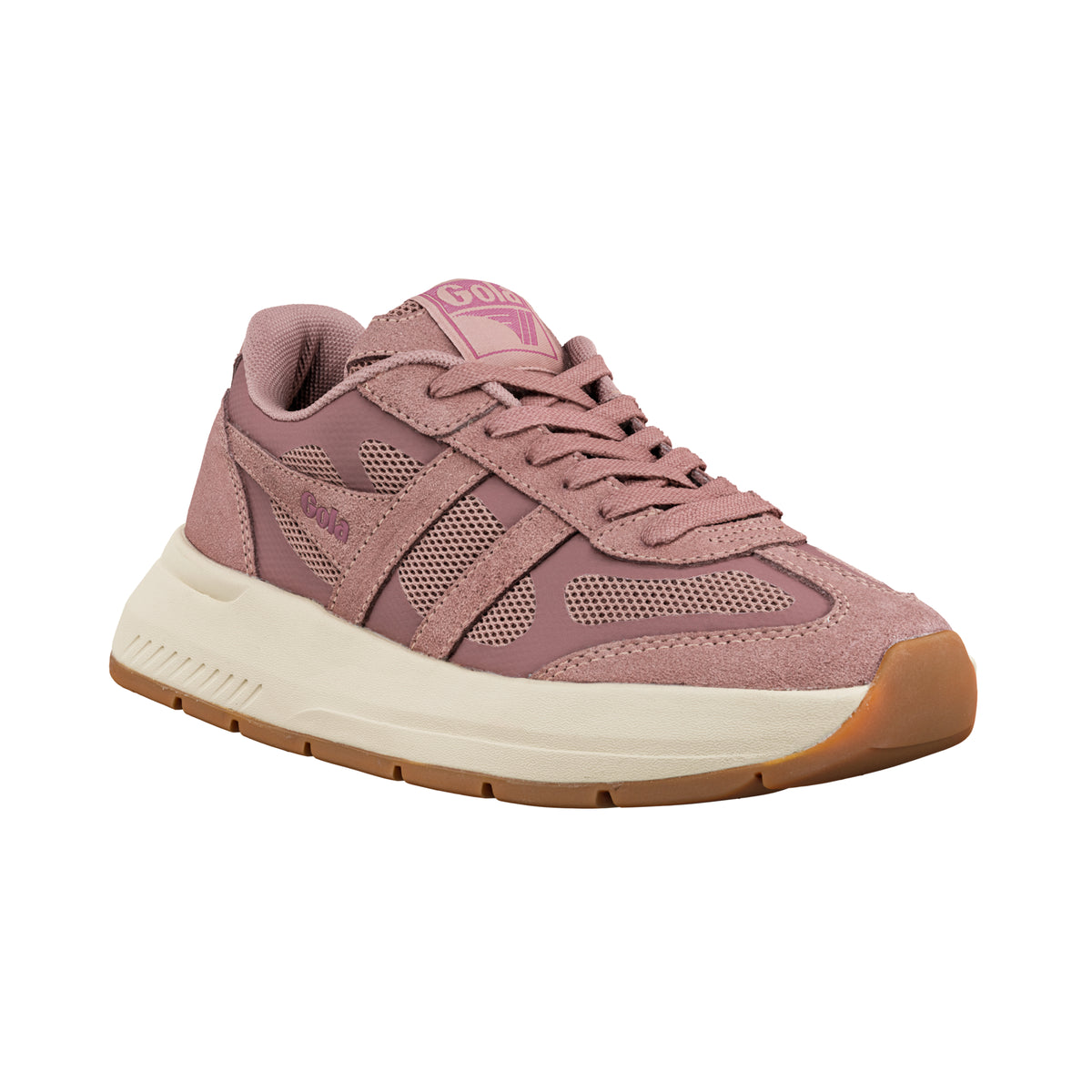 Mauve suede and mesh trainer with a cream midsole and gum rubber sole