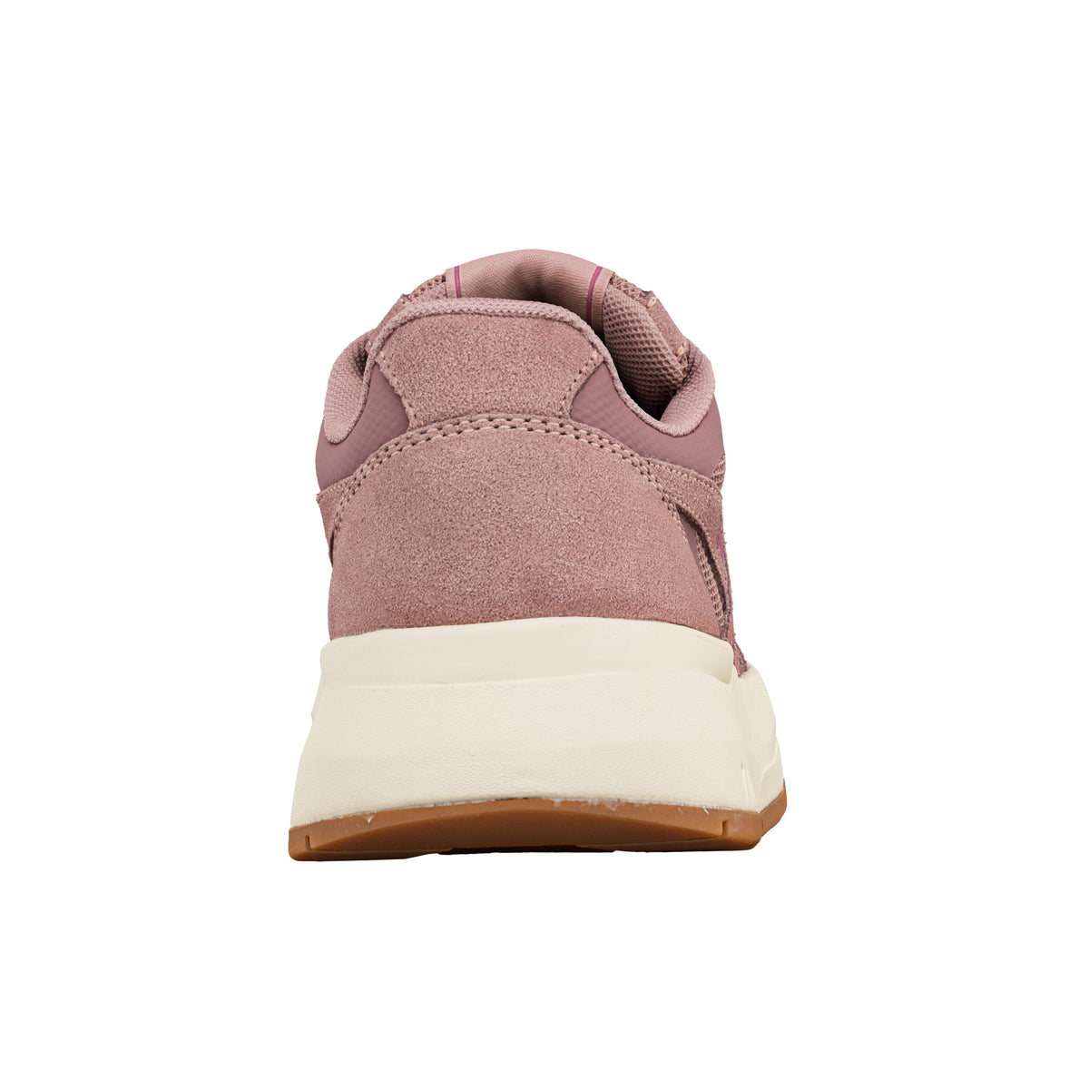 Rear view of a mauve suede trainer with a cream midsole and gum rubber sole