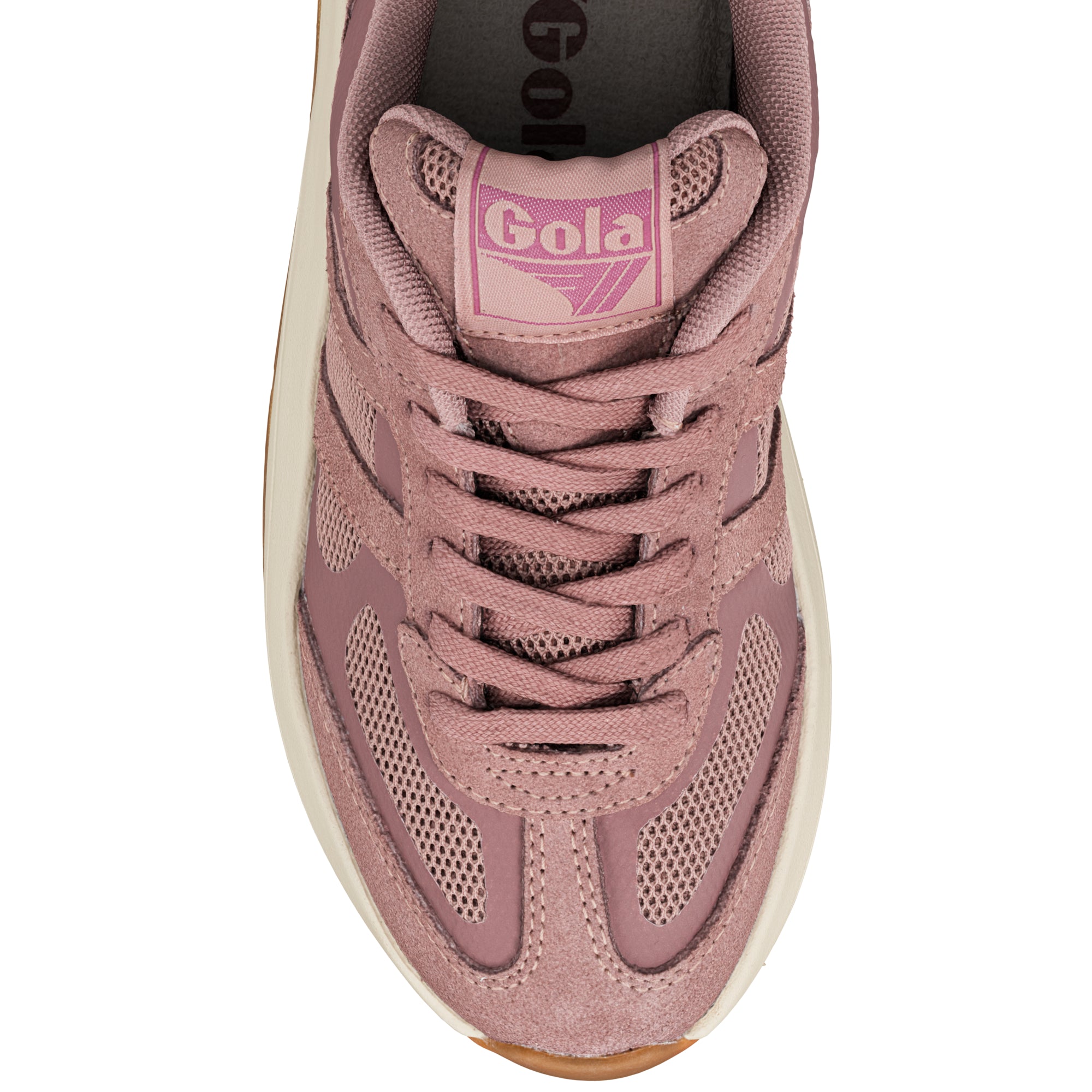 Top view of a dusty pink Gola trainer with mesh and suede panels