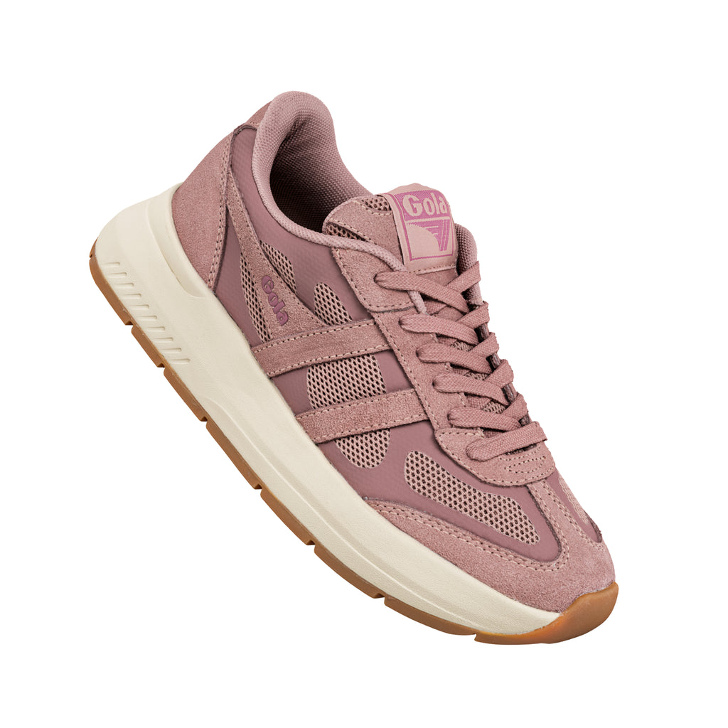 Mauve suede and mesh trainer with a cream midsole and gum sole