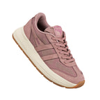 Mauve suede and mesh trainer with a cream midsole and gum sole