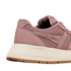 Close up of the heel and side of a dusty pink Gola trainer with a cream midsole and gum rubber sole