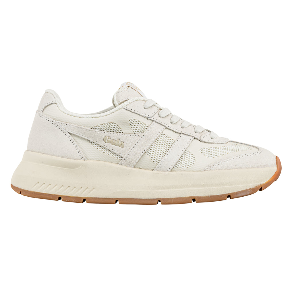 Off-white Gola trainer with mesh panels and a gum rubber sole