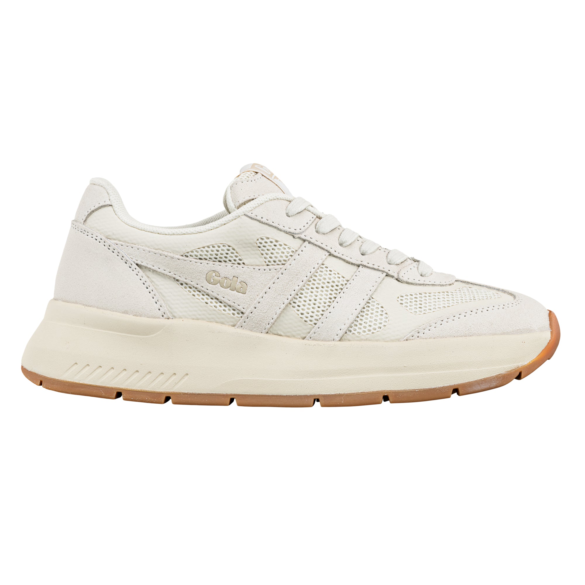 Off-white Gola trainer with mesh panels and a gum rubber sole