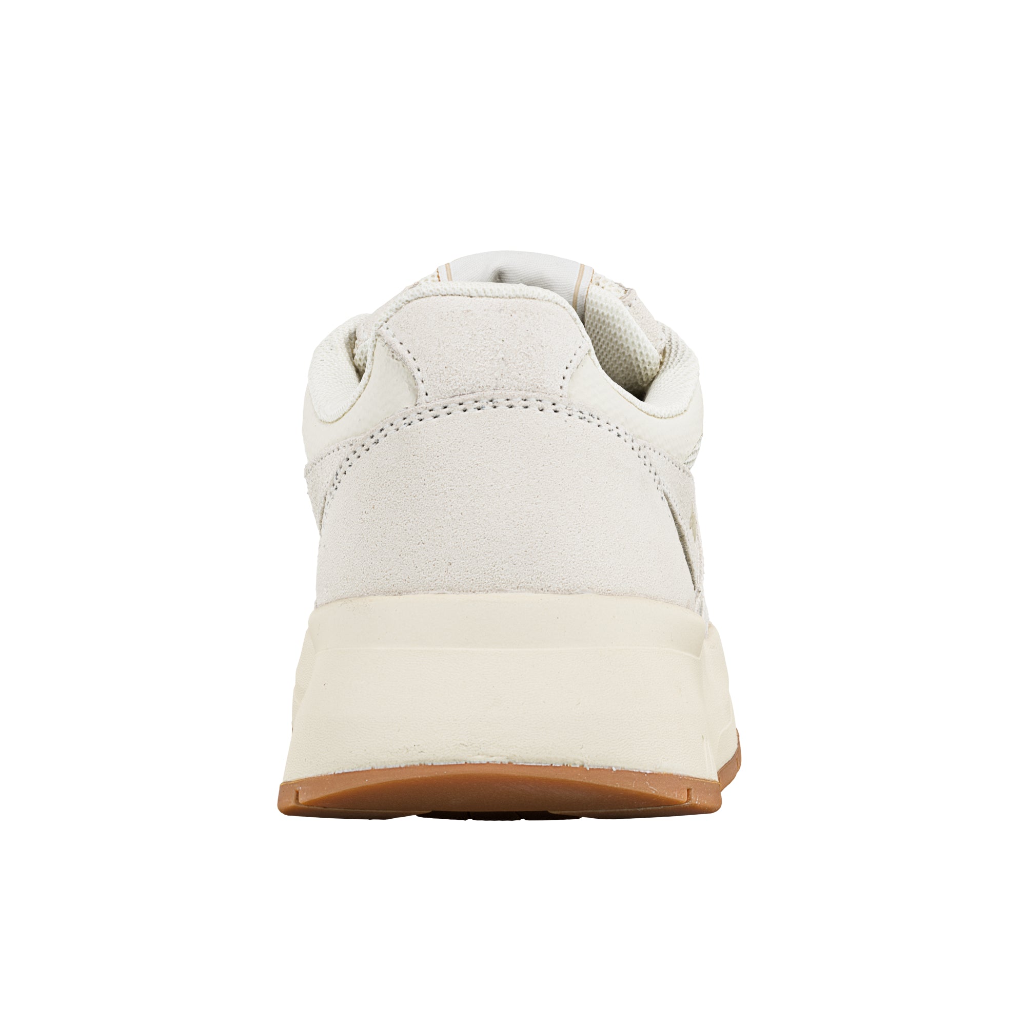 Rear view of a cream suede trainer with a thick rubber sole