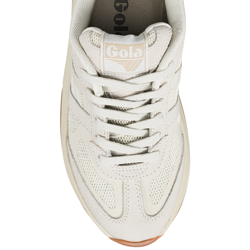 Top view of a cream coloured Gola trainer with mesh panels and lace up fastening