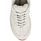 Top view of a cream coloured Gola trainer with mesh panels and lace up fastening