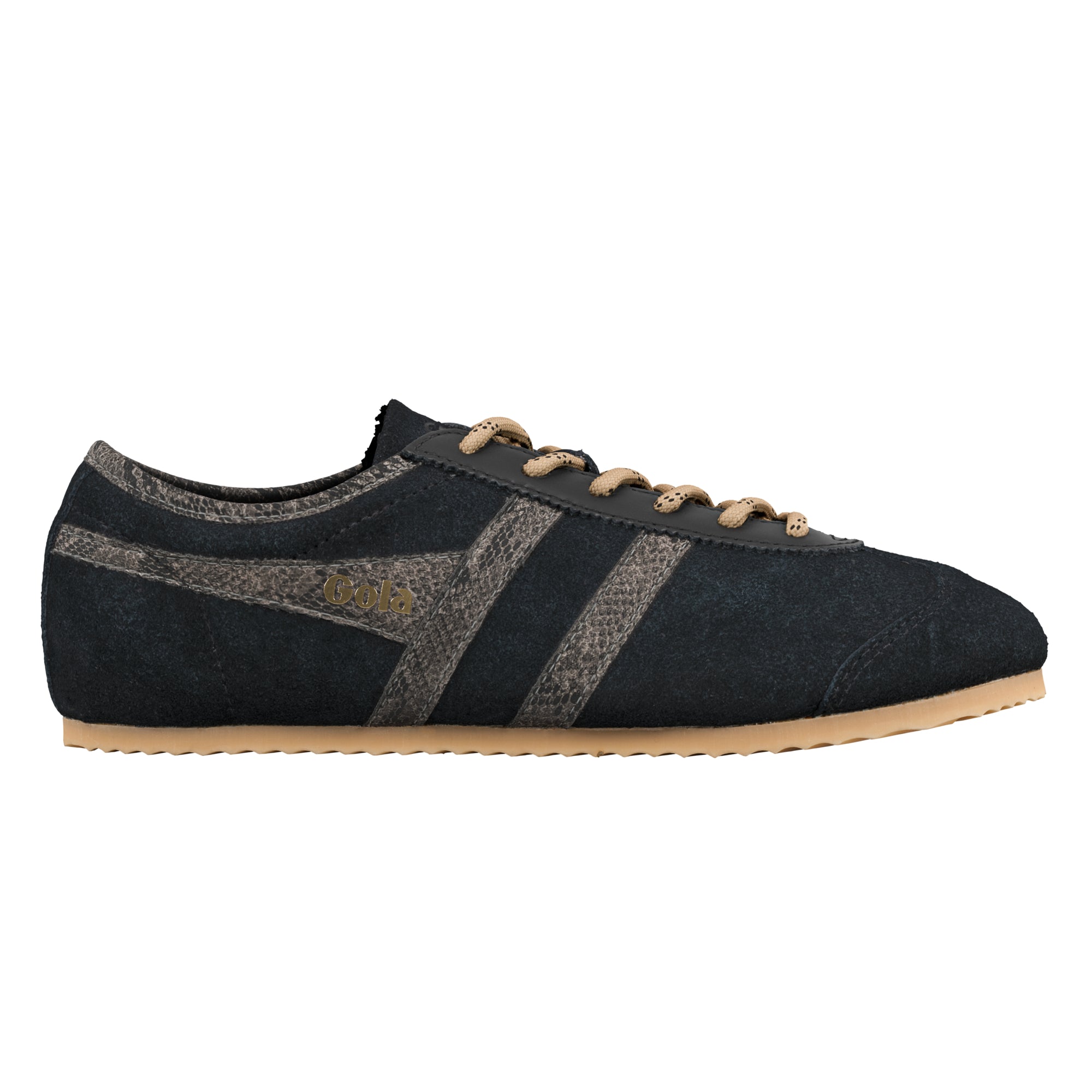 Navy suede Gola trainer with snakeskin effect side stripes and beige laces