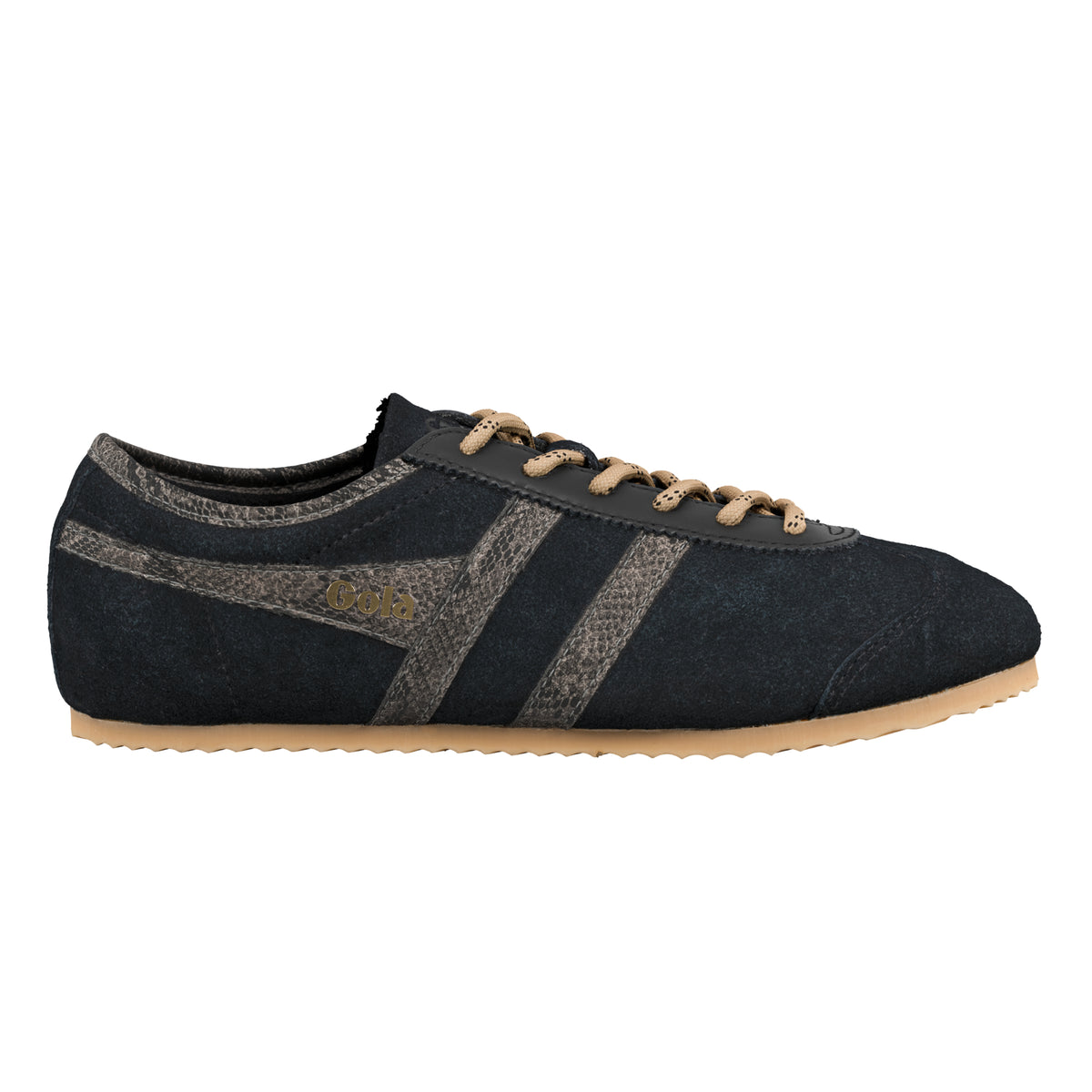 Gola Classics navy suede trainer with textured snake print side stripes and tan laces